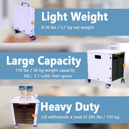 SELORSS Foldable Utility Cart Folding Portable Rolling Crate-Yellow | Durable,Heavy Duty,Plastic Box,Telescoping Handle,4 Rotate Wheels,Collapsible Handcart for Travel Shop Move Luggage Office