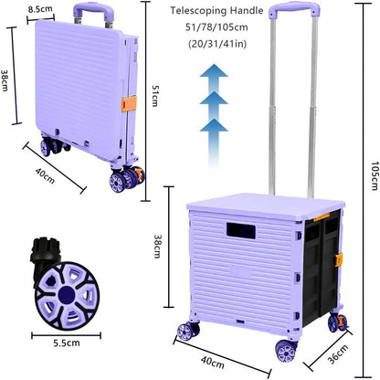 SELORSS Foldable Utility Cart Folding Portable Rolling Crate-Yellow | Durable,Heavy Duty,Plastic Box,Telescoping Handle,4 Rotate Wheels,Collapsible Handcart for Travel Shop Move Luggage Office