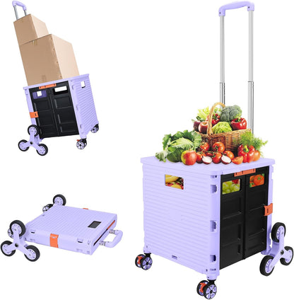 SELORSS Foldable Utility Cart Folding Portable Rolling Crate-Yellow | Durable,Heavy Duty,Plastic Box,Telescoping Handle,4 Rotate Wheels,Collapsible Handcart for Travel Shop Move Luggage Office