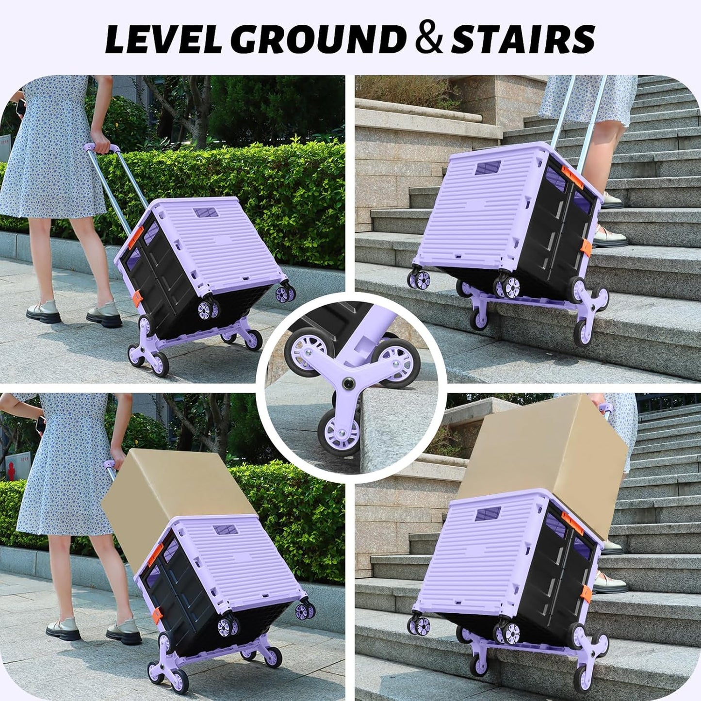 SELORSS Foldable Utility Cart Folding Portable Rolling Crate-Yellow | Durable,Heavy Duty,Plastic Box,Telescoping Handle,4 Rotate Wheels,Collapsible Handcart for Travel Shop Move Luggage Office