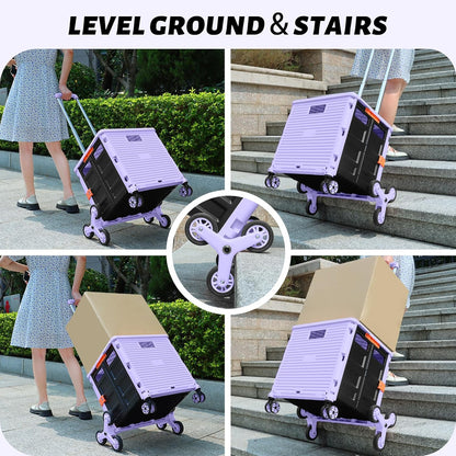 SELORSS Foldable Utility Cart Folding Portable Rolling Crate-Yellow | Durable,Heavy Duty,Plastic Box,Telescoping Handle,4 Rotate Wheels,Collapsible Handcart for Travel Shop Move Luggage Office