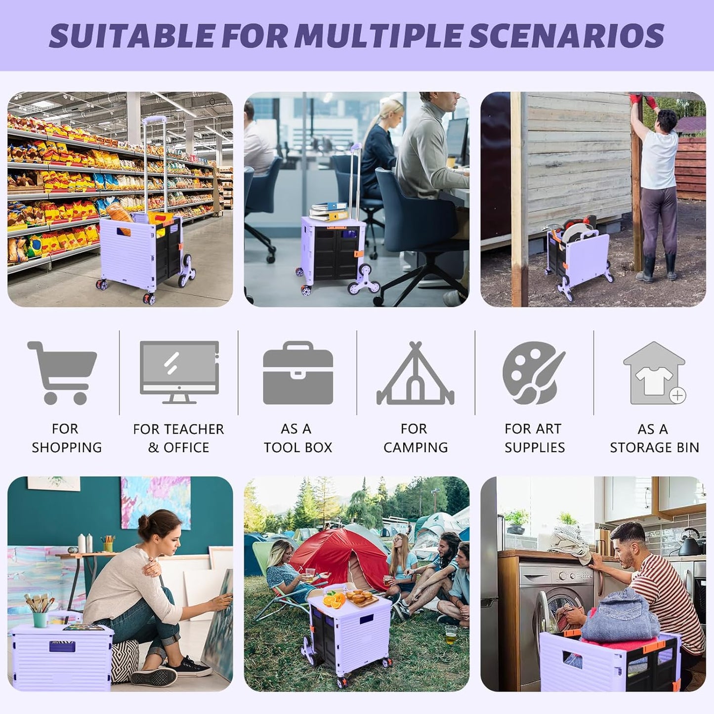 SELORSS Foldable Utility Cart Folding Portable Rolling Crate-Yellow | Durable,Heavy Duty,Plastic Box,Telescoping Handle,4 Rotate Wheels,Collapsible Handcart for Travel Shop Move Luggage Office