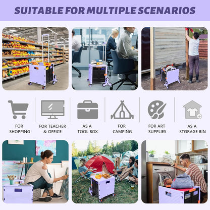 SELORSS Foldable Utility Cart Folding Portable Rolling Crate-Yellow | Durable,Heavy Duty,Plastic Box,Telescoping Handle,4 Rotate Wheels,Collapsible Handcart for Travel Shop Move Luggage Office
