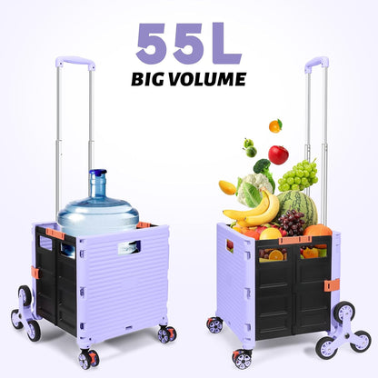 SELORSS Foldable Utility Cart Folding Portable Rolling Crate-Yellow | Durable,Heavy Duty,Plastic Box,Telescoping Handle,4 Rotate Wheels,Collapsible Handcart for Travel Shop Move Luggage Office