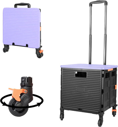 SELORSS Foldable Utility Cart Folding Portable Rolling Crate-Yellow | Durable,Heavy Duty,Plastic Box,Telescoping Handle,4 Rotate Wheels,Collapsible Handcart for Travel Shop Move Luggage Office