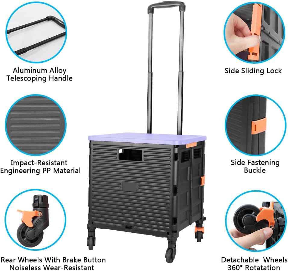 SELORSS Foldable Utility Cart Folding Portable Rolling Crate-Yellow | Durable,Heavy Duty,Plastic Box,Telescoping Handle,4 Rotate Wheels,Collapsible Handcart for Travel Shop Move Luggage Office
