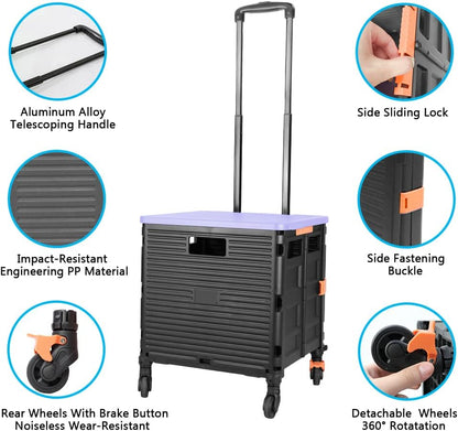 SELORSS Foldable Utility Cart Folding Portable Rolling Crate-Yellow | Durable,Heavy Duty,Plastic Box,Telescoping Handle,4 Rotate Wheels,Collapsible Handcart for Travel Shop Move Luggage Office
