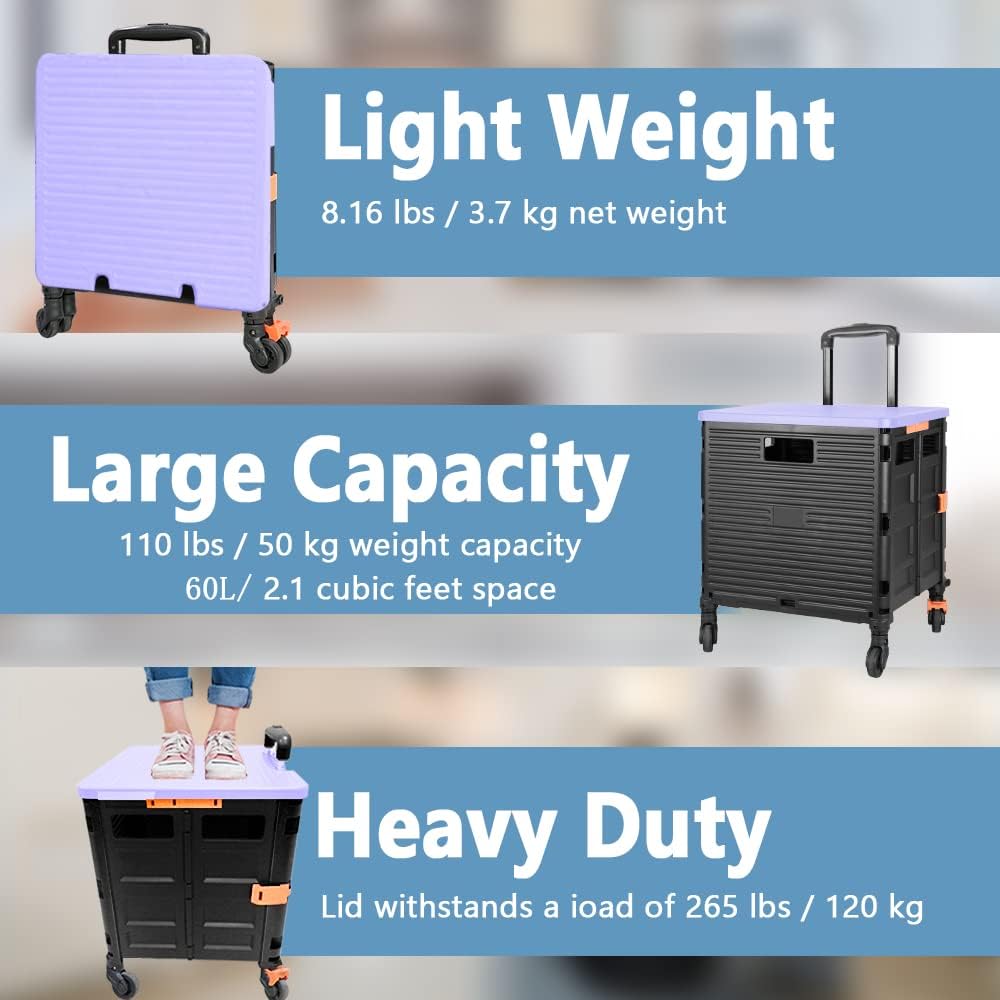 SELORSS Foldable Utility Cart Folding Portable Rolling Crate-Yellow | Durable,Heavy Duty,Plastic Box,Telescoping Handle,4 Rotate Wheels,Collapsible Handcart for Travel Shop Move Luggage Office