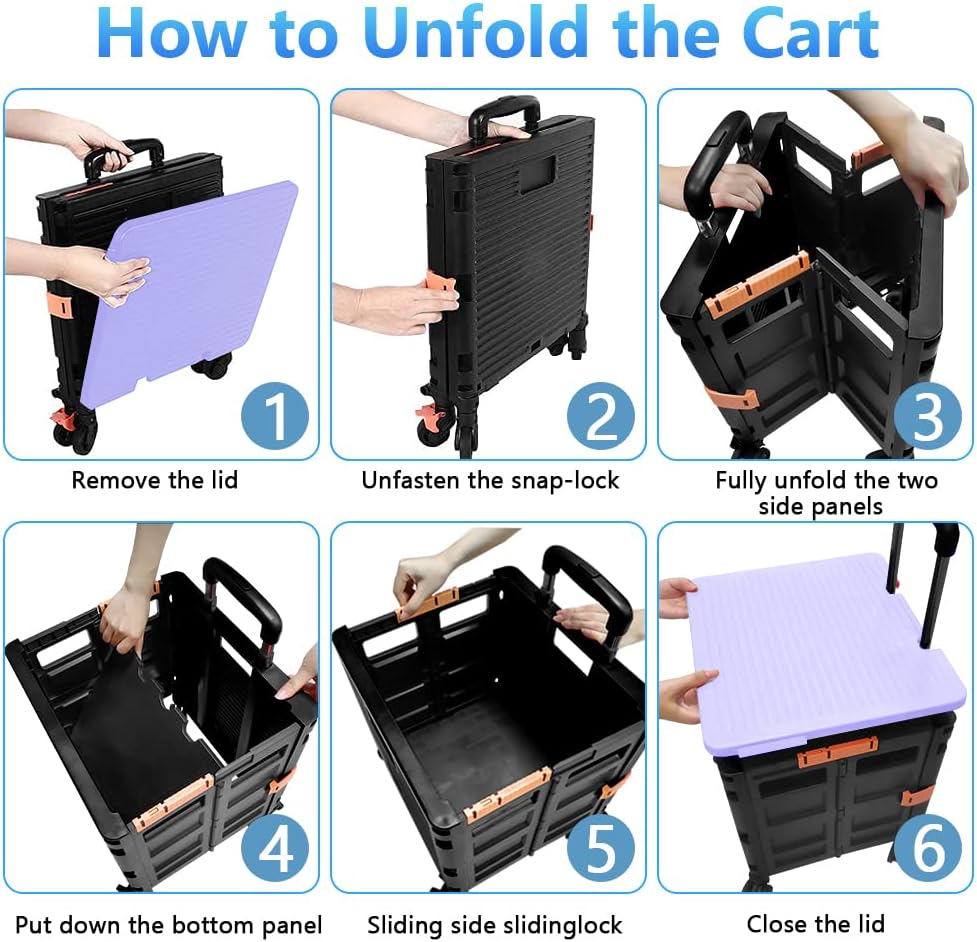 SELORSS Foldable Utility Cart Folding Portable Rolling Crate-Yellow | Durable,Heavy Duty,Plastic Box,Telescoping Handle,4 Rotate Wheels,Collapsible Handcart for Travel Shop Move Luggage Office