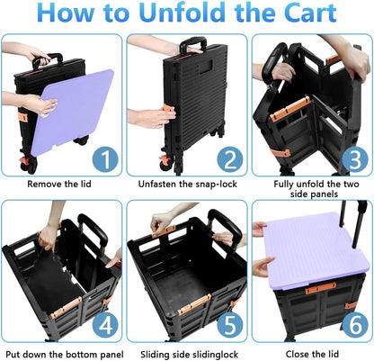 SELORSS Foldable Utility Cart Folding Portable Rolling Crate-Yellow | Durable,Heavy Duty,Plastic Box,Telescoping Handle,4 Rotate Wheels,Collapsible Handcart for Travel Shop Move Luggage Office