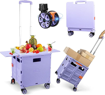 SELORSS Foldable Utility Cart Folding Portable Rolling Crate-Yellow | Durable,Heavy Duty,Plastic Box,Telescoping Handle,4 Rotate Wheels,Collapsible Handcart for Travel Shop Move Luggage Office