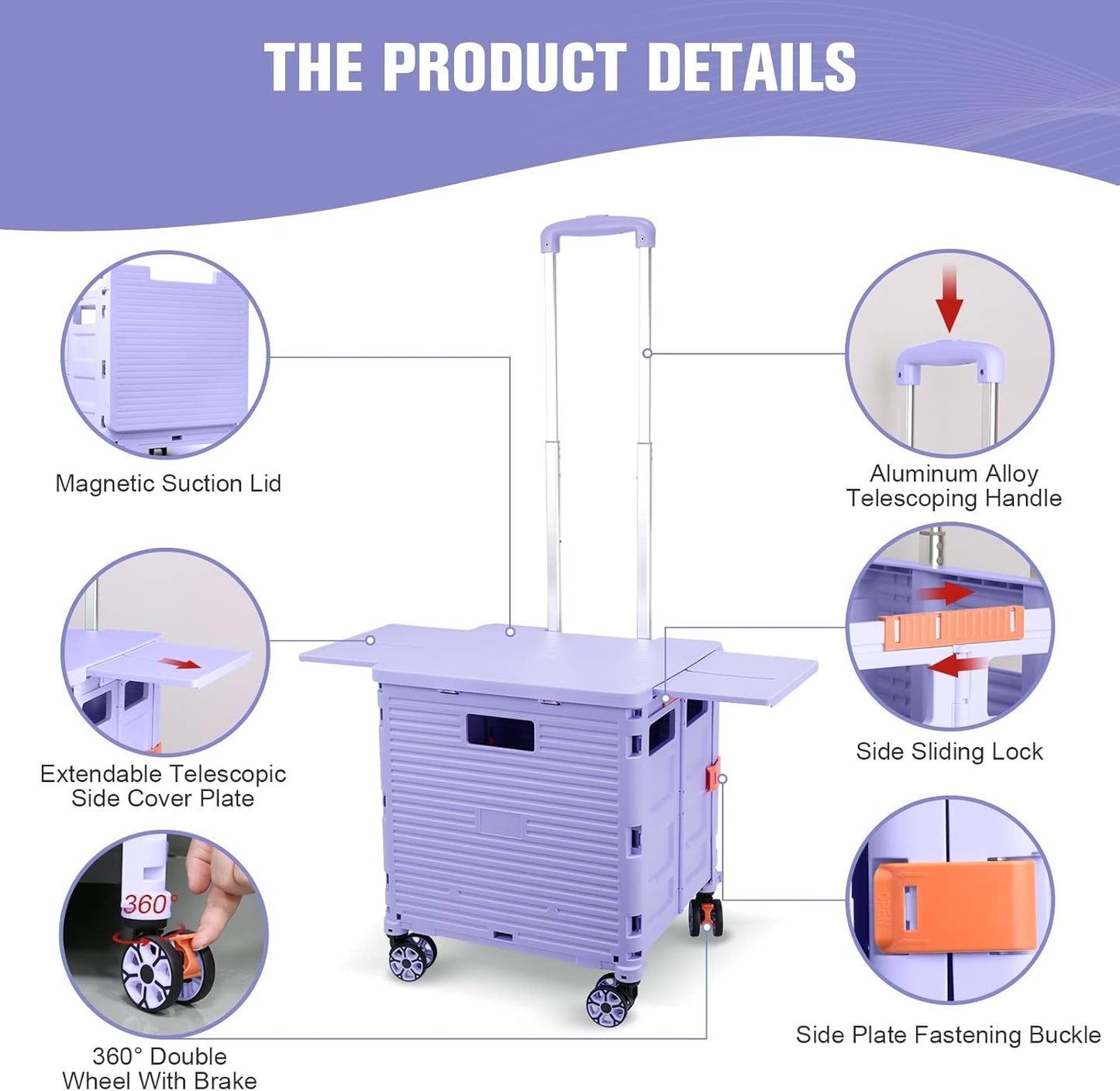 SELORSS Foldable Utility Cart Folding Portable Rolling Crate-Yellow | Durable,Heavy Duty,Plastic Box,Telescoping Handle,4 Rotate Wheels,Collapsible Handcart for Travel Shop Move Luggage Office