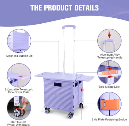 SELORSS Foldable Utility Cart Folding Portable Rolling Crate-Yellow | Durable,Heavy Duty,Plastic Box,Telescoping Handle,4 Rotate Wheels,Collapsible Handcart for Travel Shop Move Luggage Office
