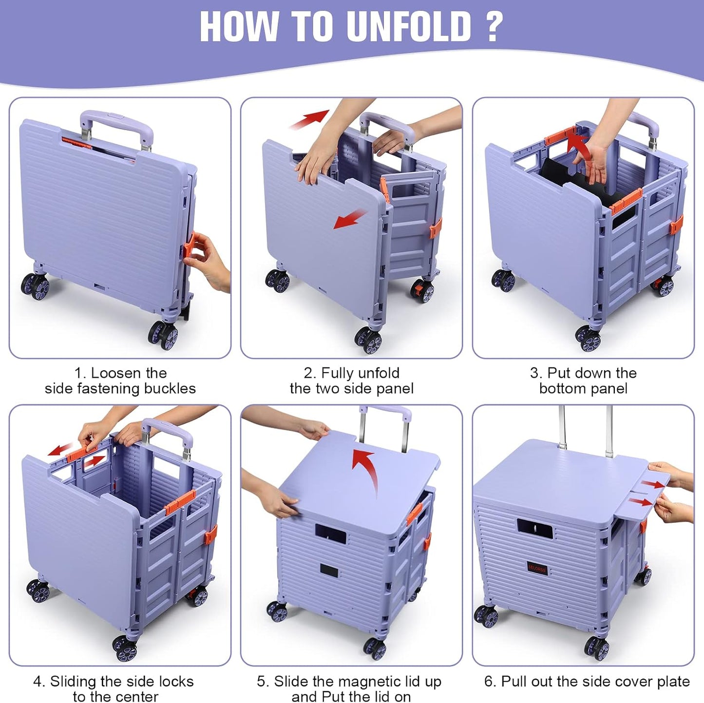SELORSS Foldable Utility Cart Folding Portable Rolling Crate-Yellow | Durable,Heavy Duty,Plastic Box,Telescoping Handle,4 Rotate Wheels,Collapsible Handcart for Travel Shop Move Luggage Office