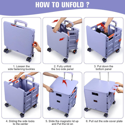 SELORSS Foldable Utility Cart Folding Portable Rolling Crate-Yellow | Durable,Heavy Duty,Plastic Box,Telescoping Handle,4 Rotate Wheels,Collapsible Handcart for Travel Shop Move Luggage Office