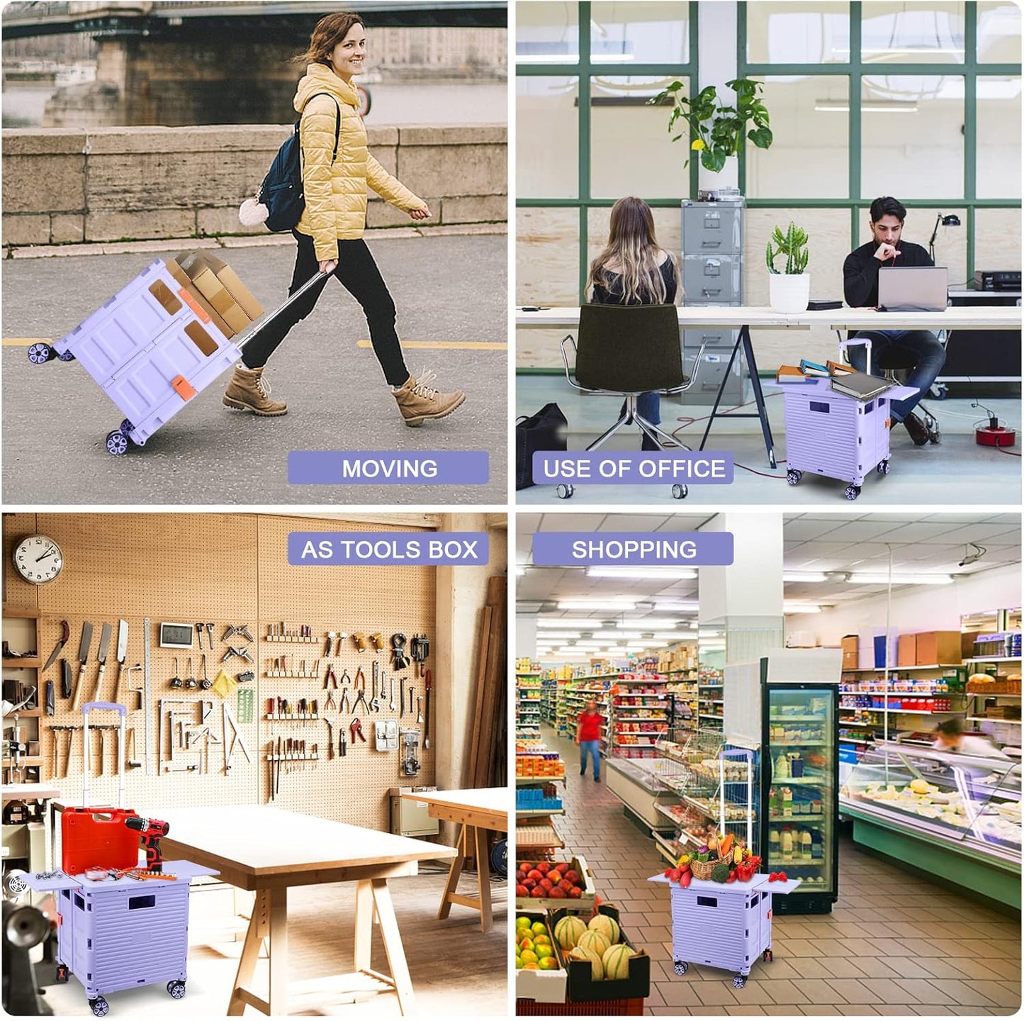 SELORSS Foldable Utility Cart Folding Portable Rolling Crate-Yellow | Durable,Heavy Duty,Plastic Box,Telescoping Handle,4 Rotate Wheels,Collapsible Handcart for Travel Shop Move Luggage Office