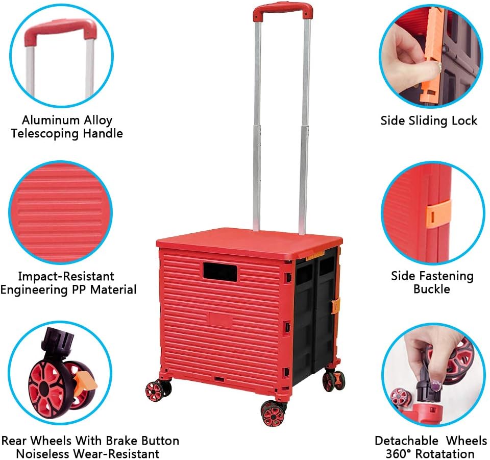 SELORSS Foldable Utility Cart Folding Portable Rolling Crate-Yellow | Durable,Heavy Duty,Plastic Box,Telescoping Handle,4 Rotate Wheels,Collapsible Handcart for Travel Shop Move Luggage Office