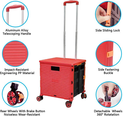 SELORSS Foldable Utility Cart Folding Portable Rolling Crate-Yellow | Durable,Heavy Duty,Plastic Box,Telescoping Handle,4 Rotate Wheels,Collapsible Handcart for Travel Shop Move Luggage Office