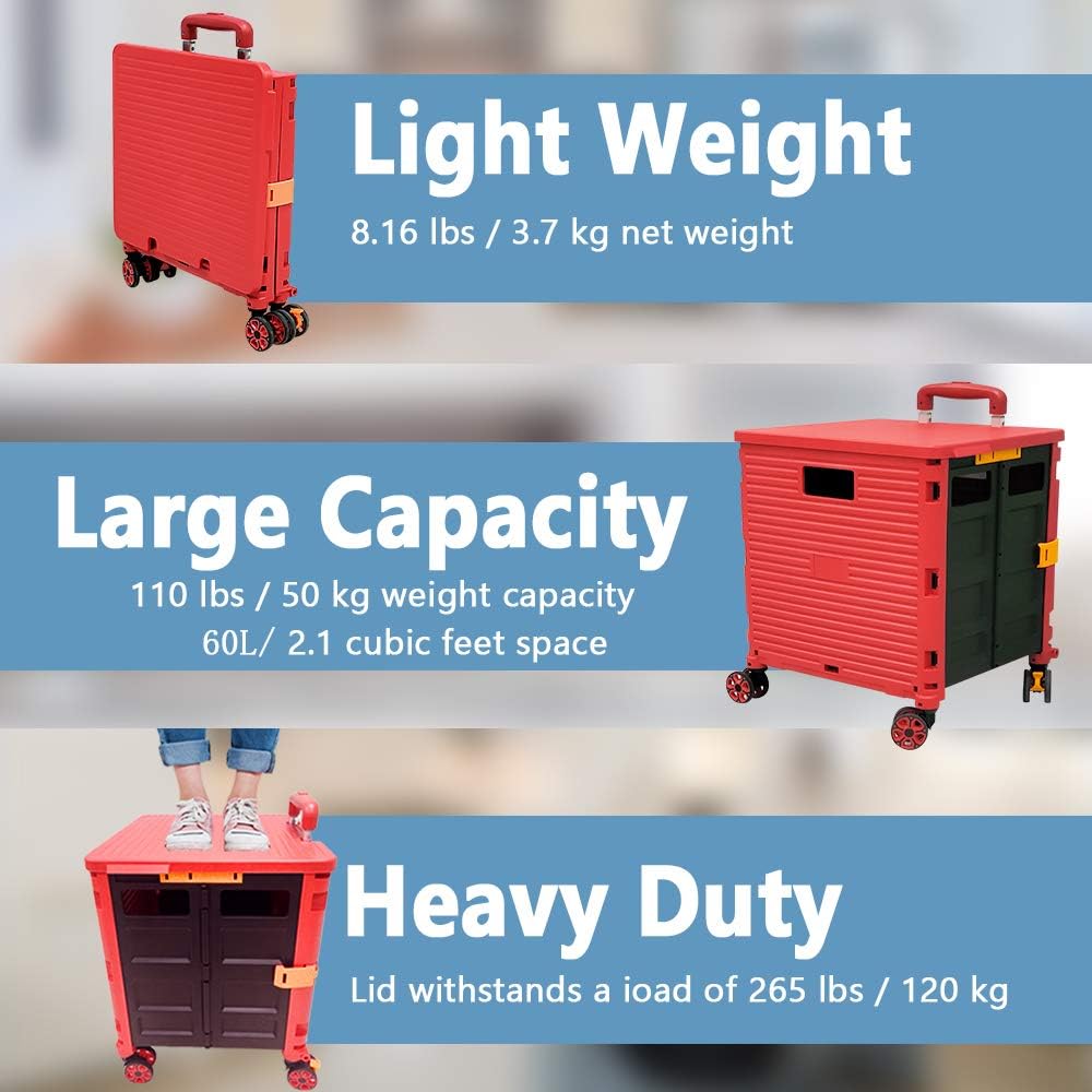 SELORSS Foldable Utility Cart Folding Portable Rolling Crate-Yellow | Durable,Heavy Duty,Plastic Box,Telescoping Handle,4 Rotate Wheels,Collapsible Handcart for Travel Shop Move Luggage Office