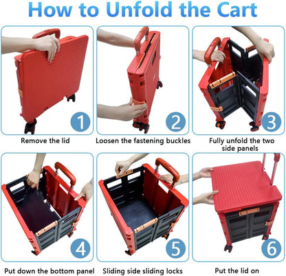 SELORSS Foldable Utility Cart Folding Portable Rolling Crate-Yellow | Durable,Heavy Duty,Plastic Box,Telescoping Handle,4 Rotate Wheels,Collapsible Handcart for Travel Shop Move Luggage Office