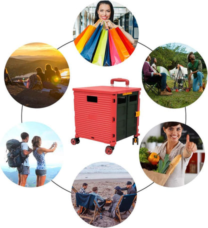 SELORSS Foldable Utility Cart Folding Portable Rolling Crate-Yellow | Durable,Heavy Duty,Plastic Box,Telescoping Handle,4 Rotate Wheels,Collapsible Handcart for Travel Shop Move Luggage Office