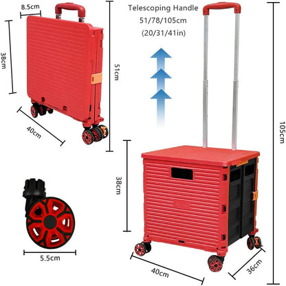 SELORSS Foldable Utility Cart Folding Portable Rolling Crate-Yellow | Durable,Heavy Duty,Plastic Box,Telescoping Handle,4 Rotate Wheels,Collapsible Handcart for Travel Shop Move Luggage Office