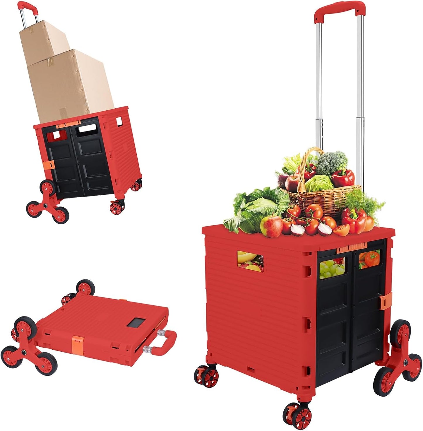 SELORSS Foldable Utility Cart Folding Portable Rolling Crate-Yellow | Durable,Heavy Duty,Plastic Box,Telescoping Handle,4 Rotate Wheels,Collapsible Handcart for Travel Shop Move Luggage Office