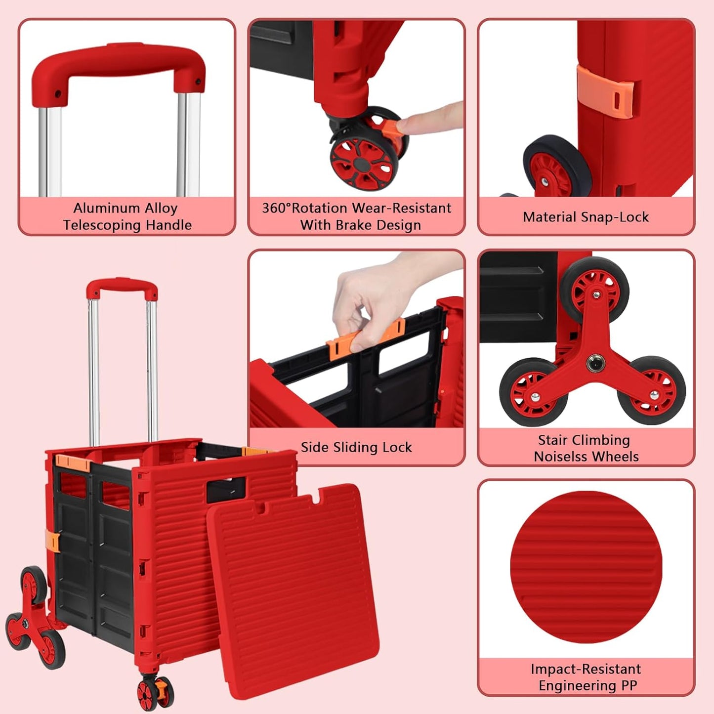SELORSS Foldable Utility Cart Folding Portable Rolling Crate-Yellow | Durable,Heavy Duty,Plastic Box,Telescoping Handle,4 Rotate Wheels,Collapsible Handcart for Travel Shop Move Luggage Office