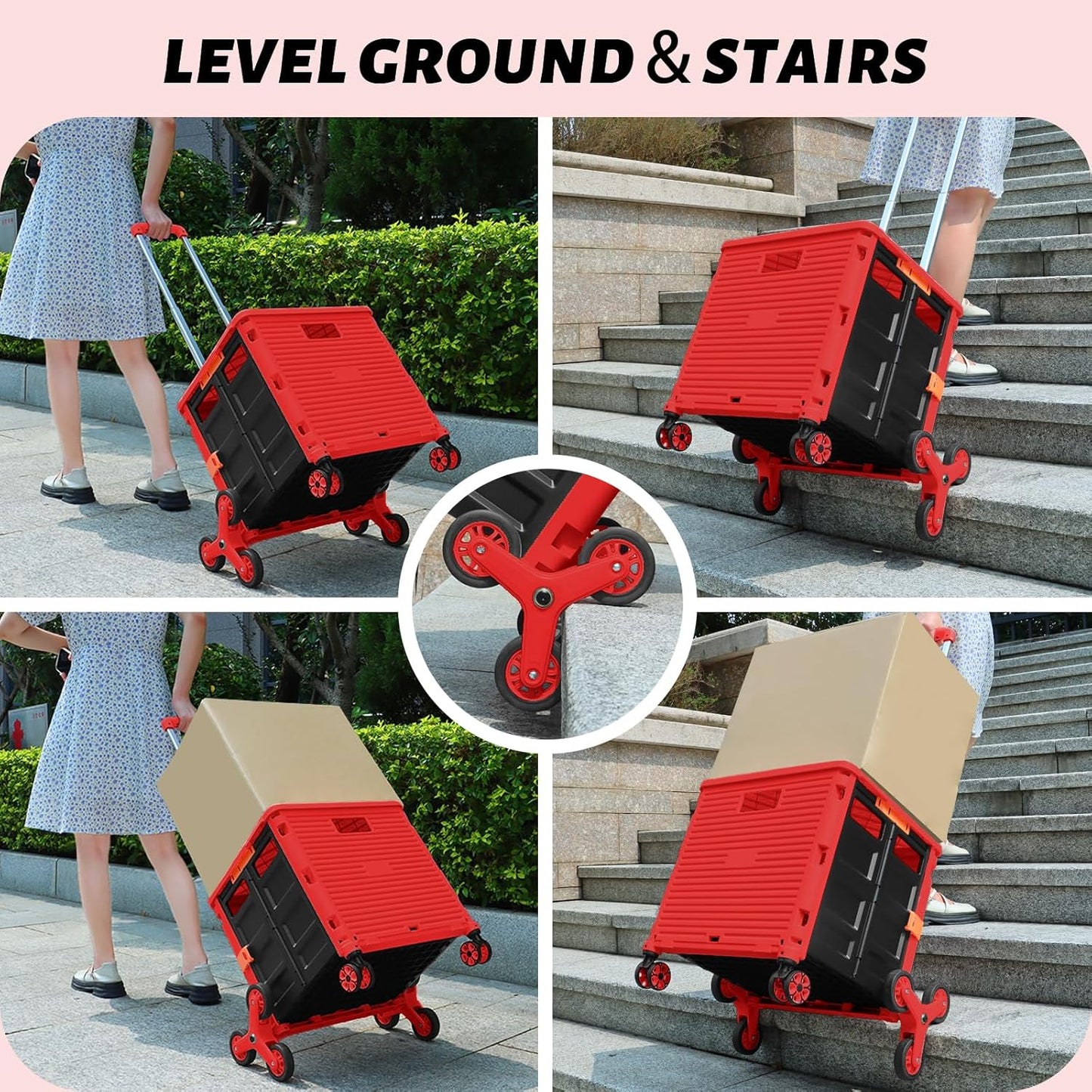 SELORSS Foldable Utility Cart Folding Portable Rolling Crate-Yellow | Durable,Heavy Duty,Plastic Box,Telescoping Handle,4 Rotate Wheels,Collapsible Handcart for Travel Shop Move Luggage Office