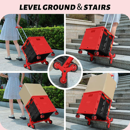 SELORSS Foldable Utility Cart Folding Portable Rolling Crate-Yellow | Durable,Heavy Duty,Plastic Box,Telescoping Handle,4 Rotate Wheels,Collapsible Handcart for Travel Shop Move Luggage Office