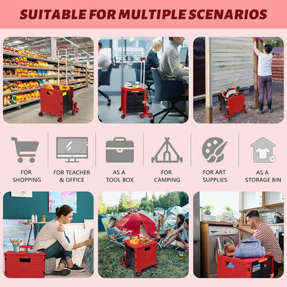SELORSS Foldable Utility Cart Folding Portable Rolling Crate-Yellow | Durable,Heavy Duty,Plastic Box,Telescoping Handle,4 Rotate Wheels,Collapsible Handcart for Travel Shop Move Luggage Office