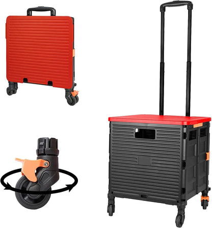 SELORSS Foldable Utility Cart Folding Portable Rolling Crate-Yellow | Durable,Heavy Duty,Plastic Box,Telescoping Handle,4 Rotate Wheels,Collapsible Handcart for Travel Shop Move Luggage Office