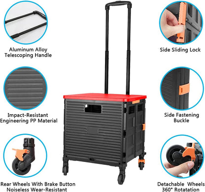 SELORSS Foldable Utility Cart Folding Portable Rolling Crate-Yellow | Durable,Heavy Duty,Plastic Box,Telescoping Handle,4 Rotate Wheels,Collapsible Handcart for Travel Shop Move Luggage Office
