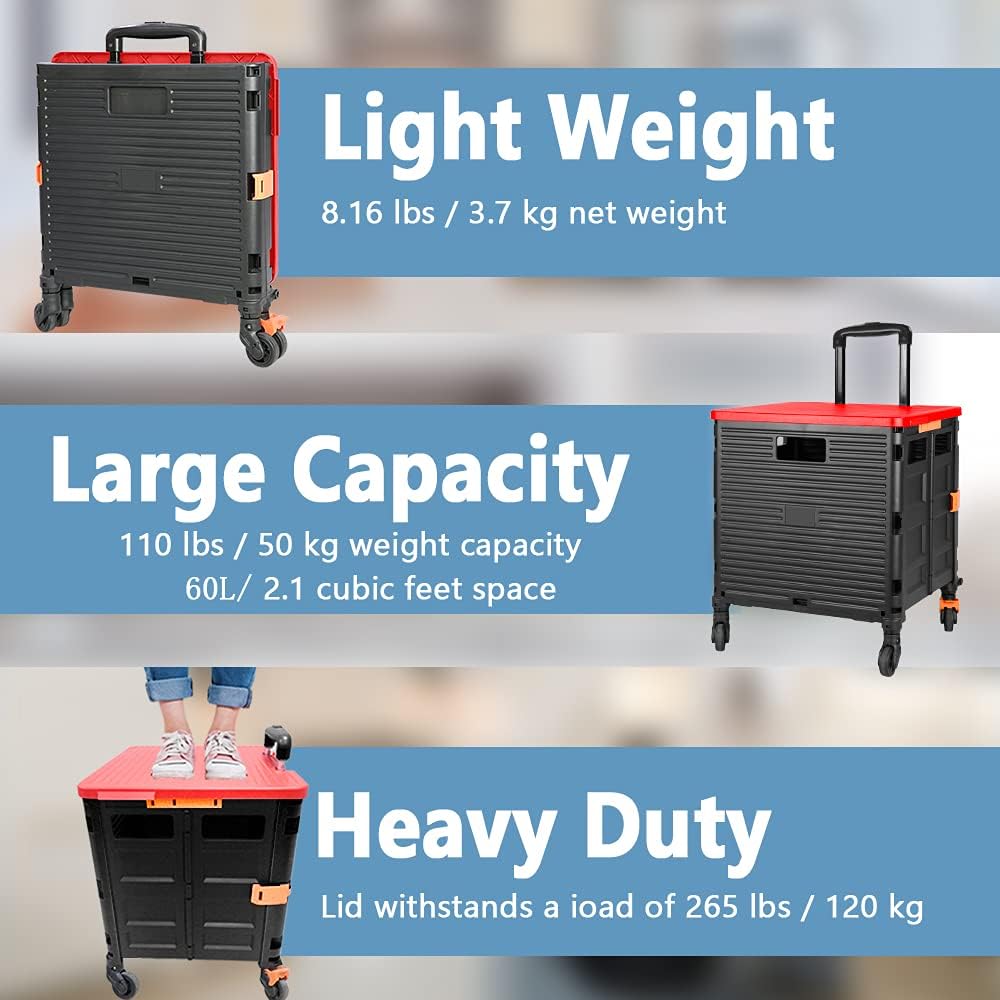 SELORSS Foldable Utility Cart Folding Portable Rolling Crate-Yellow | Durable,Heavy Duty,Plastic Box,Telescoping Handle,4 Rotate Wheels,Collapsible Handcart for Travel Shop Move Luggage Office