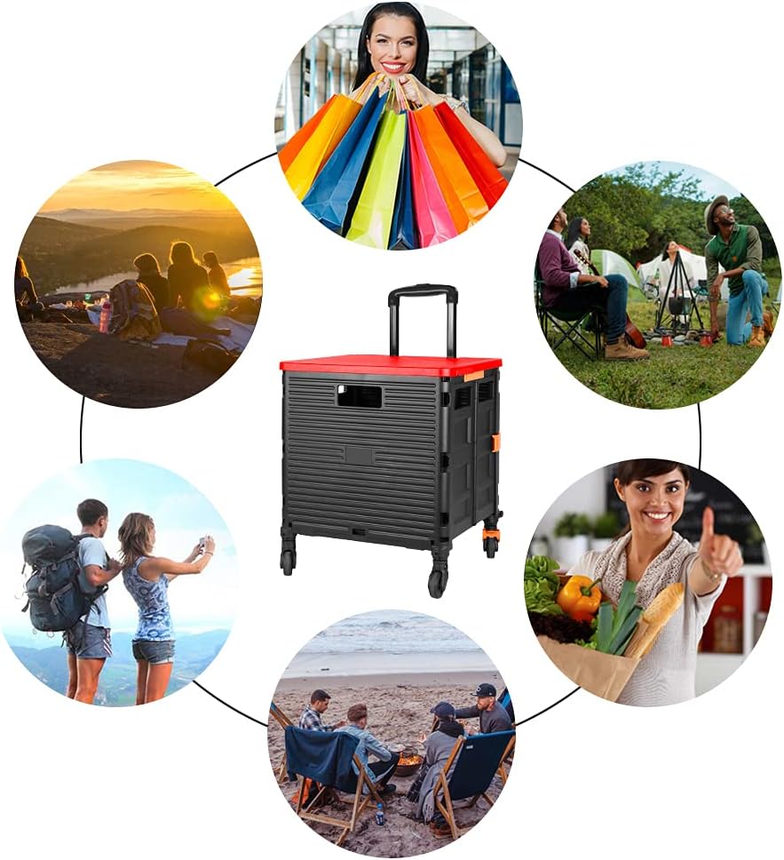 SELORSS Foldable Utility Cart Folding Portable Rolling Crate-Yellow | Durable,Heavy Duty,Plastic Box,Telescoping Handle,4 Rotate Wheels,Collapsible Handcart for Travel Shop Move Luggage Office