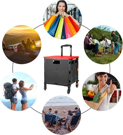 SELORSS Foldable Utility Cart Folding Portable Rolling Crate-Yellow | Durable,Heavy Duty,Plastic Box,Telescoping Handle,4 Rotate Wheels,Collapsible Handcart for Travel Shop Move Luggage Office