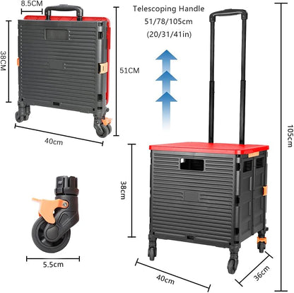 SELORSS Foldable Utility Cart Folding Portable Rolling Crate-Yellow | Durable,Heavy Duty,Plastic Box,Telescoping Handle,4 Rotate Wheels,Collapsible Handcart for Travel Shop Move Luggage Office