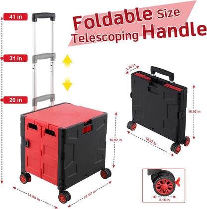 SELORSS Foldable Utility Cart Folding Portable Rolling Crate-Yellow | Durable,Heavy Duty,Plastic Box,Telescoping Handle,4 Rotate Wheels,Collapsible Handcart for Travel Shop Move Luggage Office
