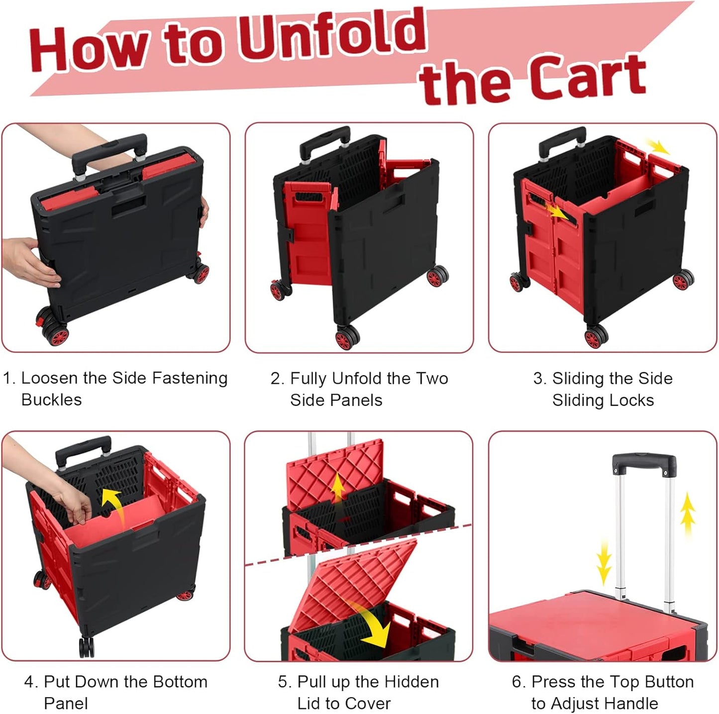 SELORSS Foldable Utility Cart Folding Portable Rolling Crate-Yellow | Durable,Heavy Duty,Plastic Box,Telescoping Handle,4 Rotate Wheels,Collapsible Handcart for Travel Shop Move Luggage Office