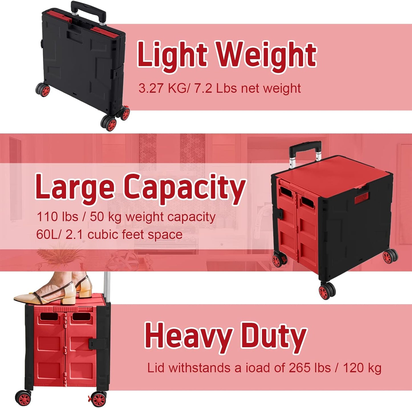 SELORSS Foldable Utility Cart Folding Portable Rolling Crate-Yellow | Durable,Heavy Duty,Plastic Box,Telescoping Handle,4 Rotate Wheels,Collapsible Handcart for Travel Shop Move Luggage Office