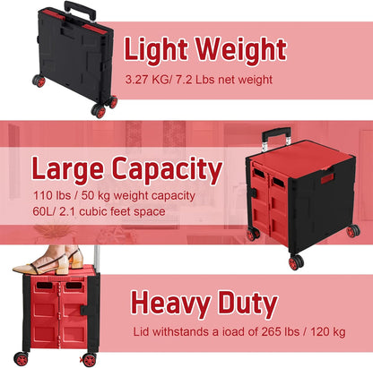 SELORSS Foldable Utility Cart Folding Portable Rolling Crate-Yellow | Durable,Heavy Duty,Plastic Box,Telescoping Handle,4 Rotate Wheels,Collapsible Handcart for Travel Shop Move Luggage Office