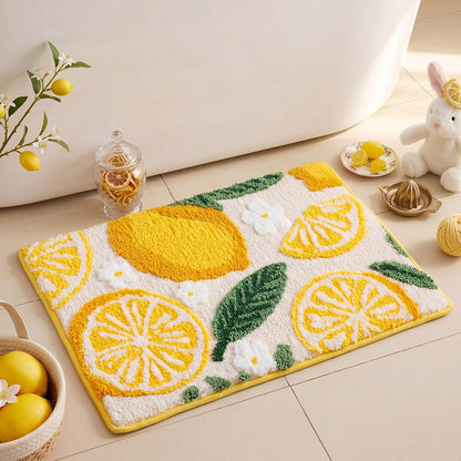 Yellow Lemon Bathroom Rug Cute Fruit Bath Mats 3D White Flowers Lemon Non Slip Soft Microfiber Absorbent Washable Rug for Bathroom Bathtub Shower Laundry Room Home Decor, 16x24 Inch