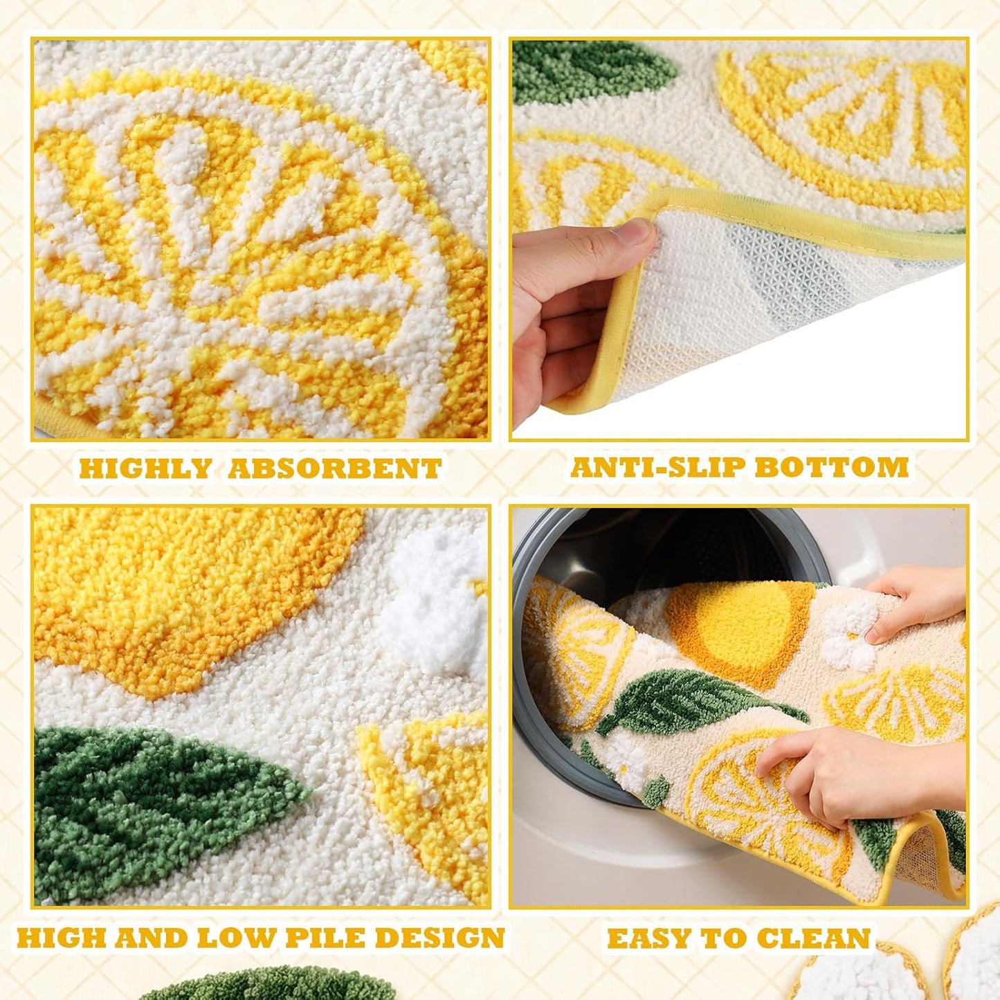 Yellow Lemon Bathroom Rug Cute Fruit Bath Mats 3D White Flowers Lemon Non Slip Soft Microfiber Absorbent Washable Rug for Bathroom Bathtub Shower Laundry Room Home Decor, 16x24 Inch