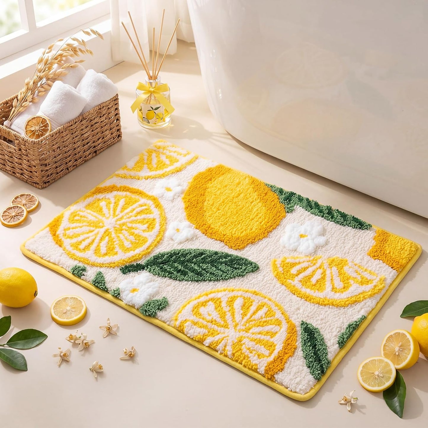 Yellow Lemon Bathroom Rug Cute Fruit Bath Mats 3D White Flowers Lemon Non Slip Soft Microfiber Absorbent Washable Rug for Bathroom Bathtub Shower Laundry Room Home Decor, 16x24 Inch
