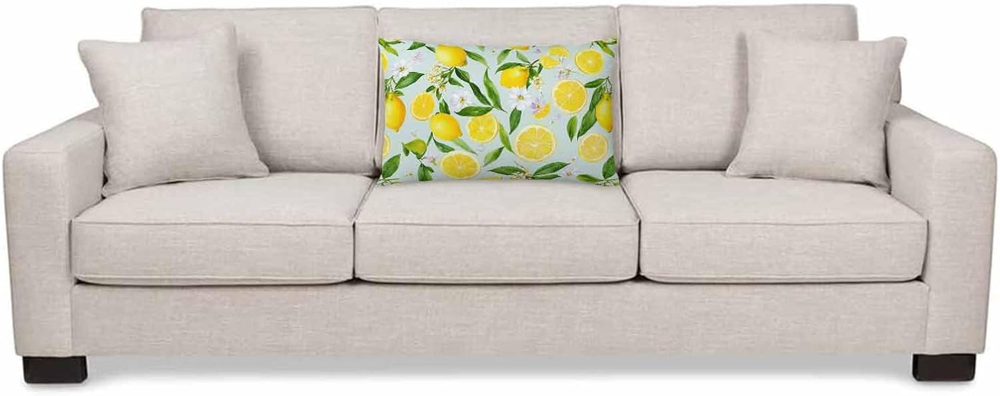 Throw Pillow Cover Lemon Summer Lemon Fruits Tree Branches Leaves White Little Flower Yellow Green Decor Lumbar Pillow Case Cushion for Sofa Couch Bed Standard Queen Size 20x30 Inch