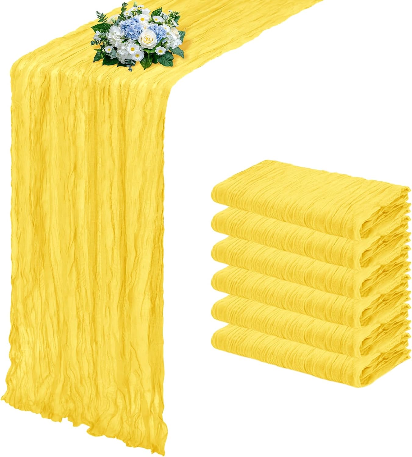 6 Pack Lemon Yellow Cheesecloth Table Runner 17x108 Inch Semi Sheer Boho Gauze Cheese Cloth Fabric Table Runners, for Wedding Party Baby Shower Birthday Home Decor Garden Farmhouse