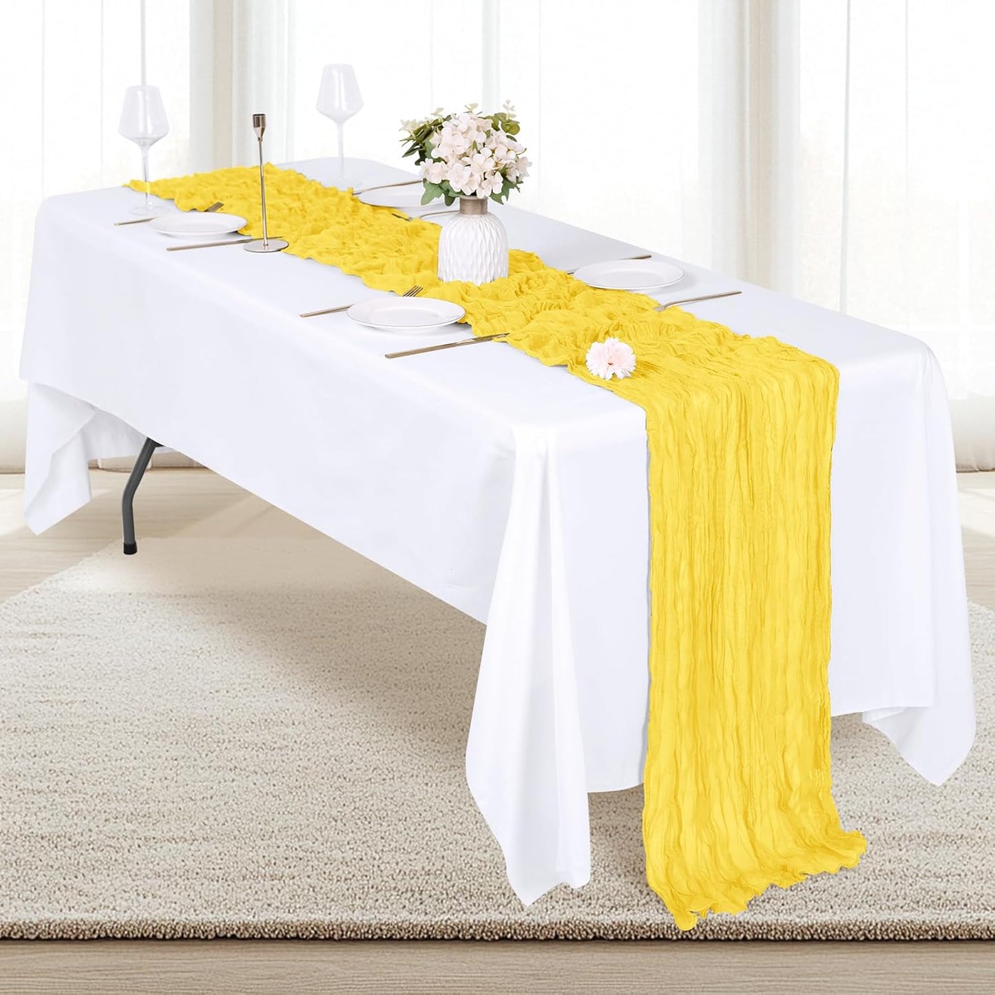 6 Pack Lemon Yellow Cheesecloth Table Runner 17x108 Inch Semi Sheer Boho Gauze Cheese Cloth Fabric Table Runners, for Wedding Party Baby Shower Birthday Home Decor Garden Farmhouse