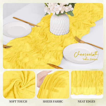 6 Pack Lemon Yellow Cheesecloth Table Runner 17x108 Inch Semi Sheer Boho Gauze Cheese Cloth Fabric Table Runners, for Wedding Party Baby Shower Birthday Home Decor Garden Farmhouse