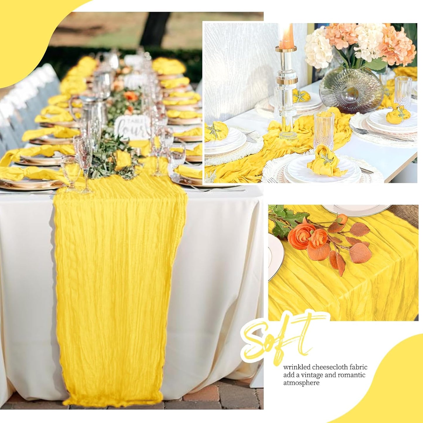 6 Pack Lemon Yellow Cheesecloth Table Runner 17x108 Inch Semi Sheer Boho Gauze Cheese Cloth Fabric Table Runners, for Wedding Party Baby Shower Birthday Home Decor Garden Farmhouse