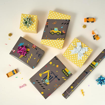 Construction Reversible Wrapping Paper Roll - 33 ft Yellow Truck | Wrapping Paper Birthday Boy, Kids Birthday Party Decor Favor Construction Truck Crane Design
